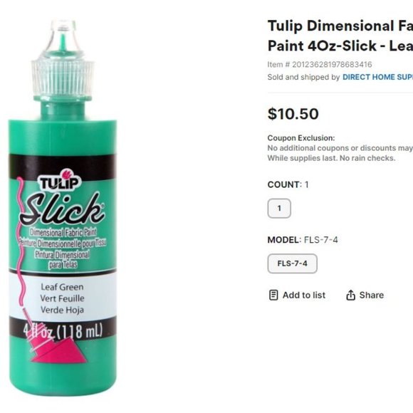 Tulip Dimensional Fabric Paint 4 oz SLICK 3 Pack Yellow, Leaf Green & Pink - Picture 9 of 11